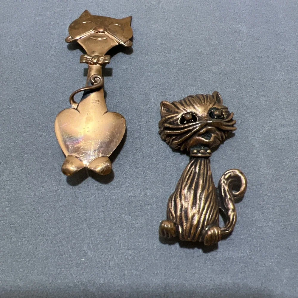 2 Vintage Copper Cat Pines